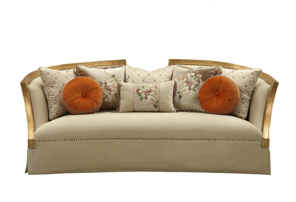 41" Beige Velvet Curved Sofa And Toss Pillows With Natural Legs - Homeroots