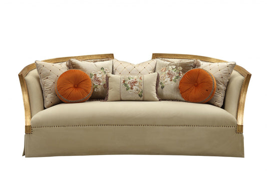41" Beige Velvet Curved Sofa And Toss Pillows With Natural Legs - Homeroots