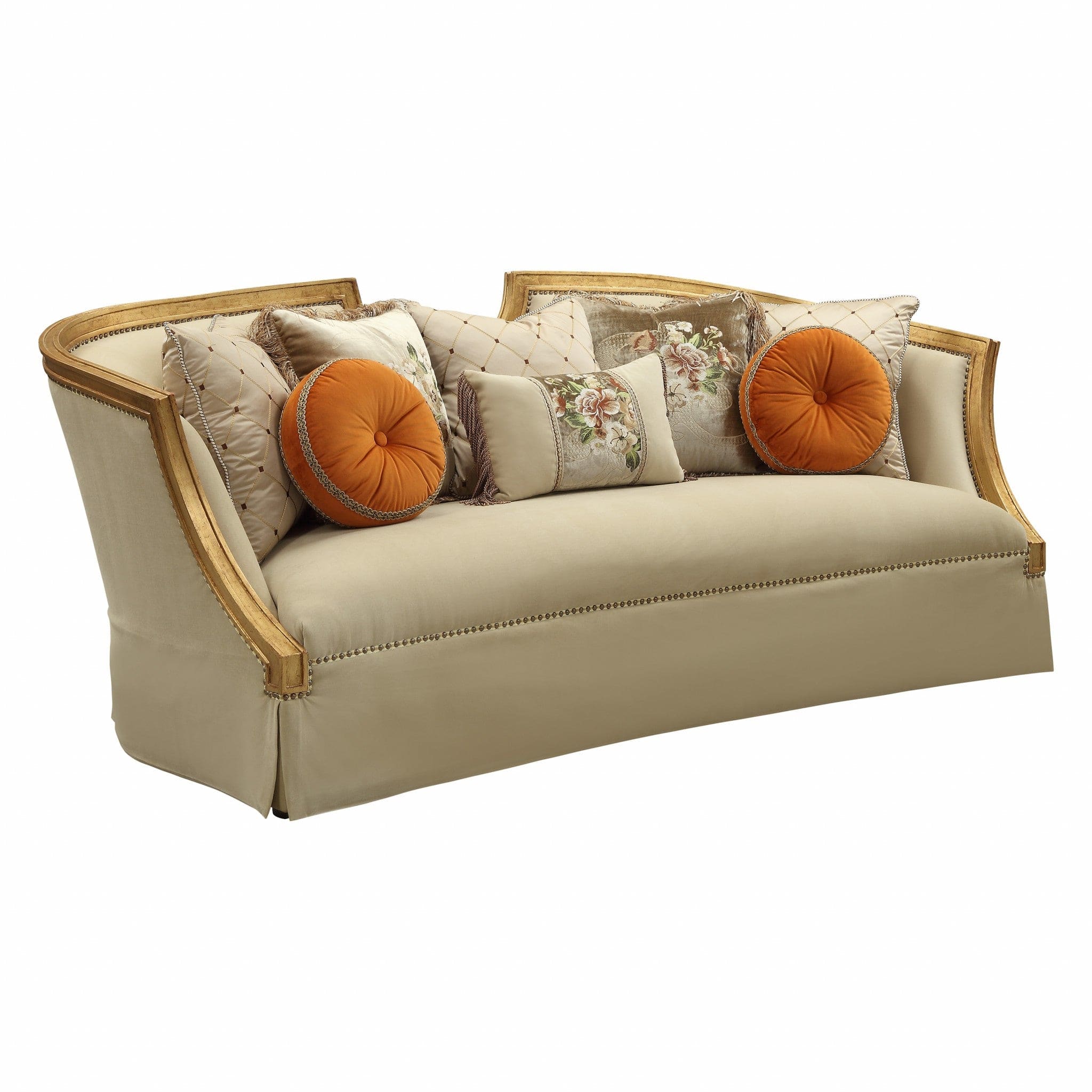 41" Beige Velvet Curved Sofa And Toss Pillows With Natural Legs - Homeroots