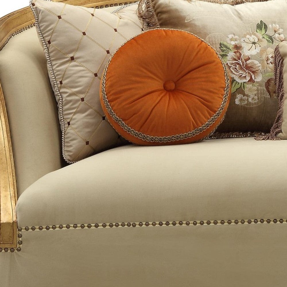 41" Beige Velvet Curved Sofa And Toss Pillows With Natural Legs - Homeroots - Flyclothing LLC