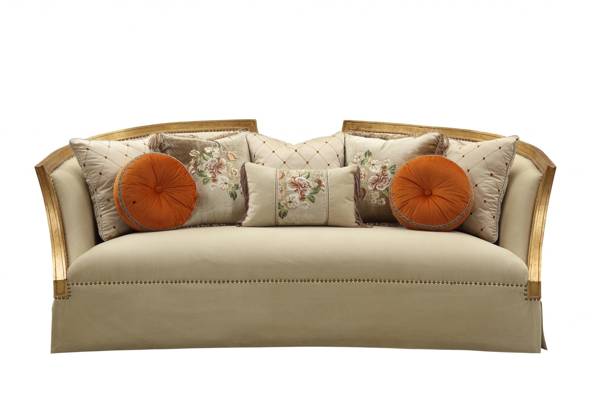41" Beige Velvet Curved Sofa And Toss Pillows With Natural Legs - Homeroots