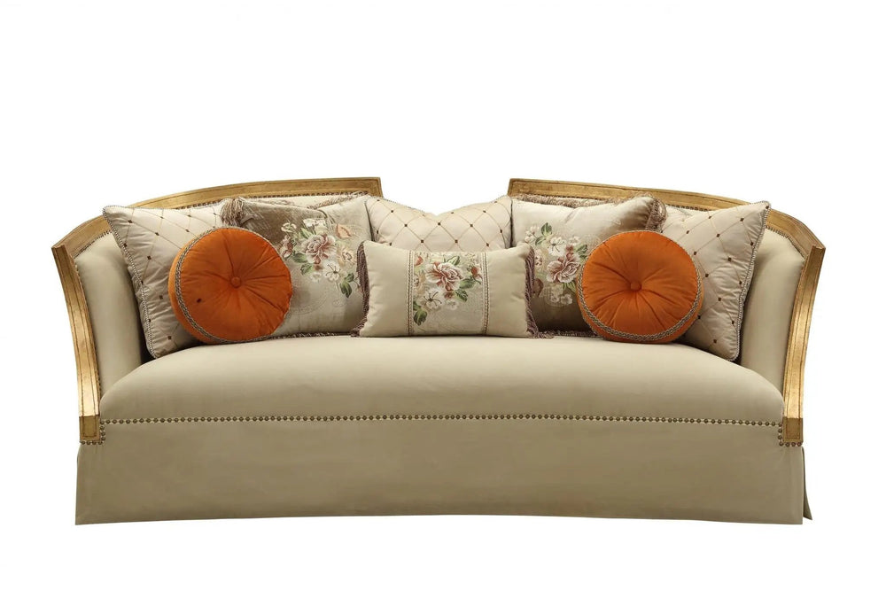 41" Beige Velvet Curved Sofa And Toss Pillows With Natural Legs - Homeroots - Flyclothing LLC