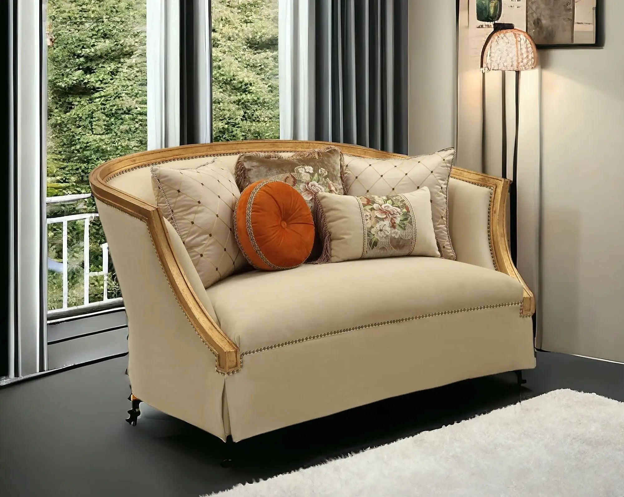 70" Tan And Gold Curved Loveseat and Toss Pillows - Homeroots - Flyclothing LLC