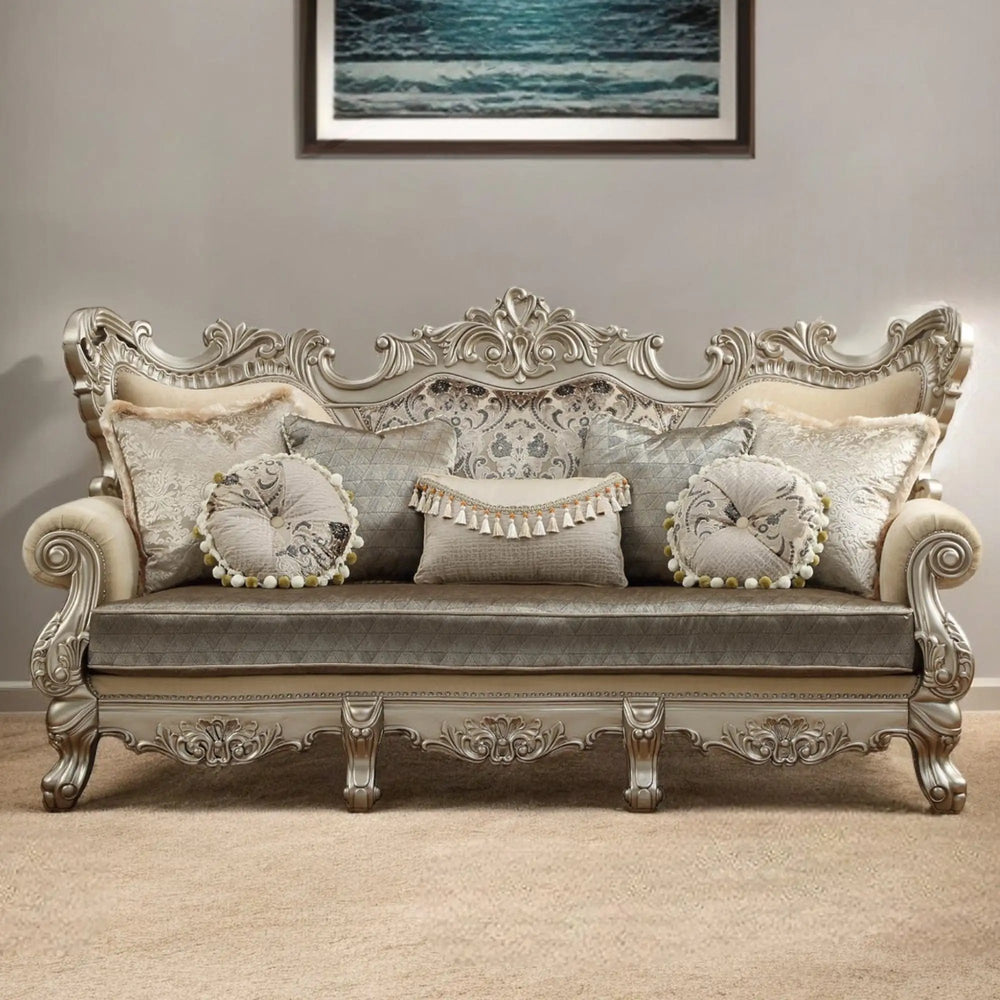 41" Champagne Cotton Blend Curved Floral Sofa And Toss Pillows - Homeroots - Flyclothing LLC