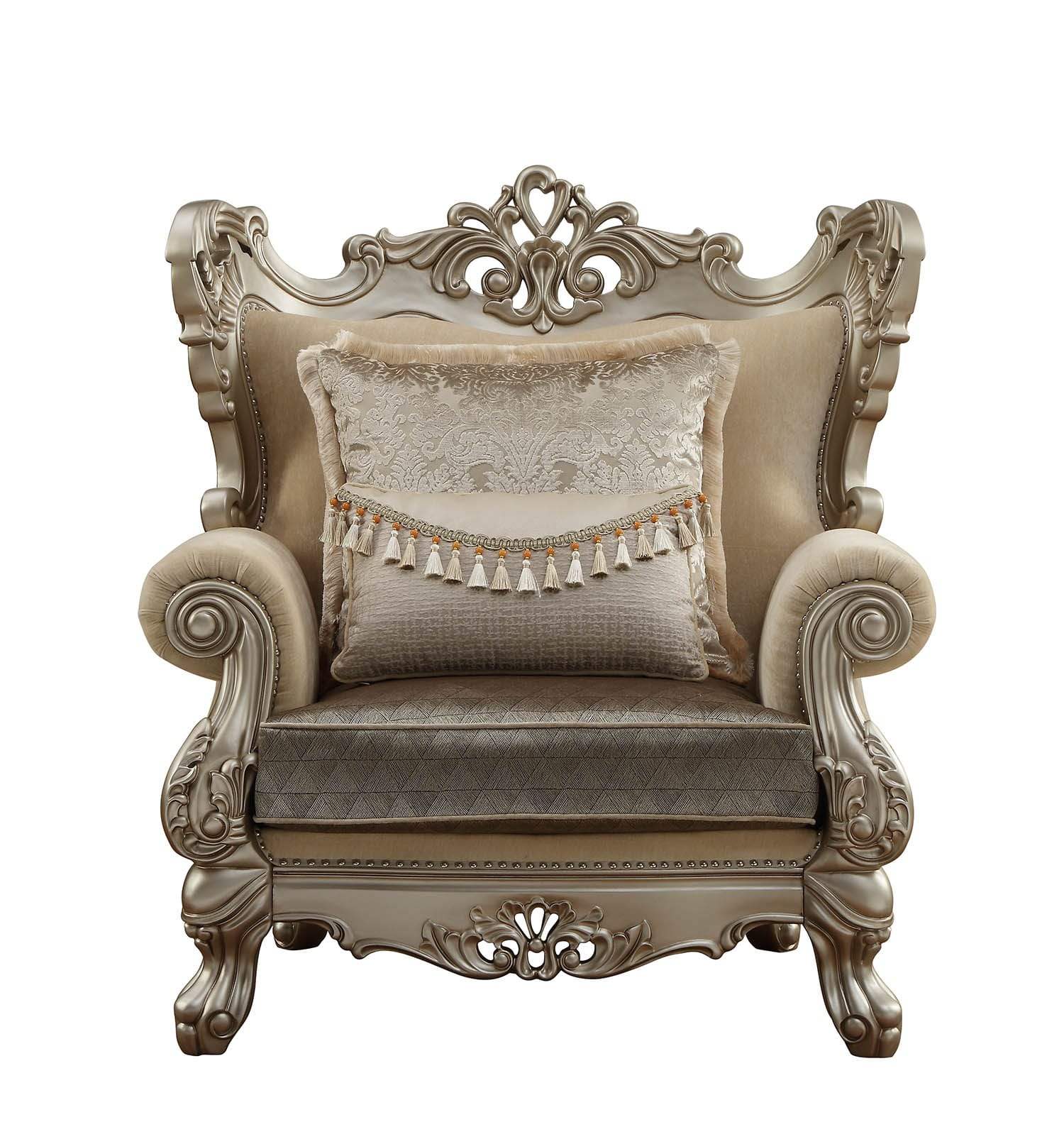 44" Beige and Green And Champagne Fabric Geometric Arm Chair And Toss Pillow - Homeroots - Flyclothing LLC