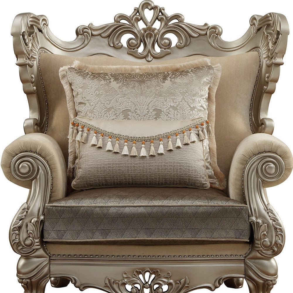 44" Beige and Green And Champagne Fabric Geometric Arm Chair And Toss Pillow - Homeroots - Flyclothing LLC