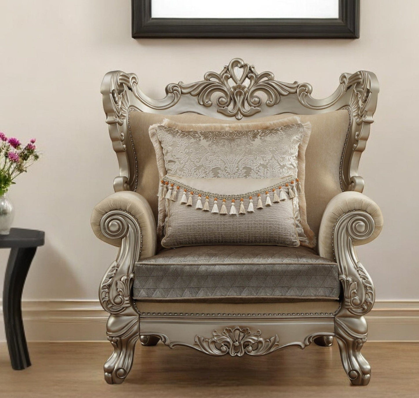44" Beige and Green And Champagne Fabric Geometric Arm Chair And Toss Pillow - Homeroots - Flyclothing LLC