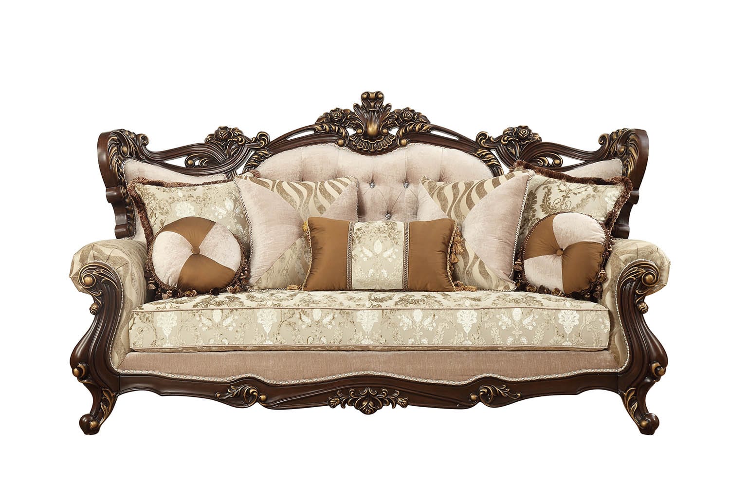 42" Beige Polyester Blend Curved Damask Sofa And Toss Pillows With Brown Legs - Homeroots
