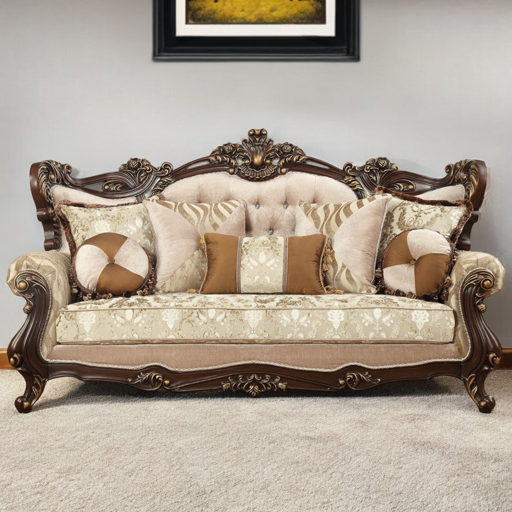 42" Beige Polyester Blend Curved Damask Sofa And Toss Pillows With Brown Legs - Homeroots