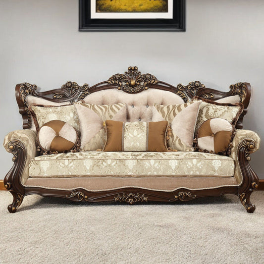 42" Beige Polyester Blend Curved Damask Sofa And Toss Pillows With Brown Legs - Homeroots