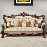 42" Beige Polyester Blend Curved Damask Sofa And Toss Pillows With Brown Legs - Homeroots
