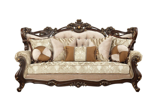 42" Beige Polyester Blend Curved Damask Sofa And Toss Pillows With Brown Legs - Homeroots