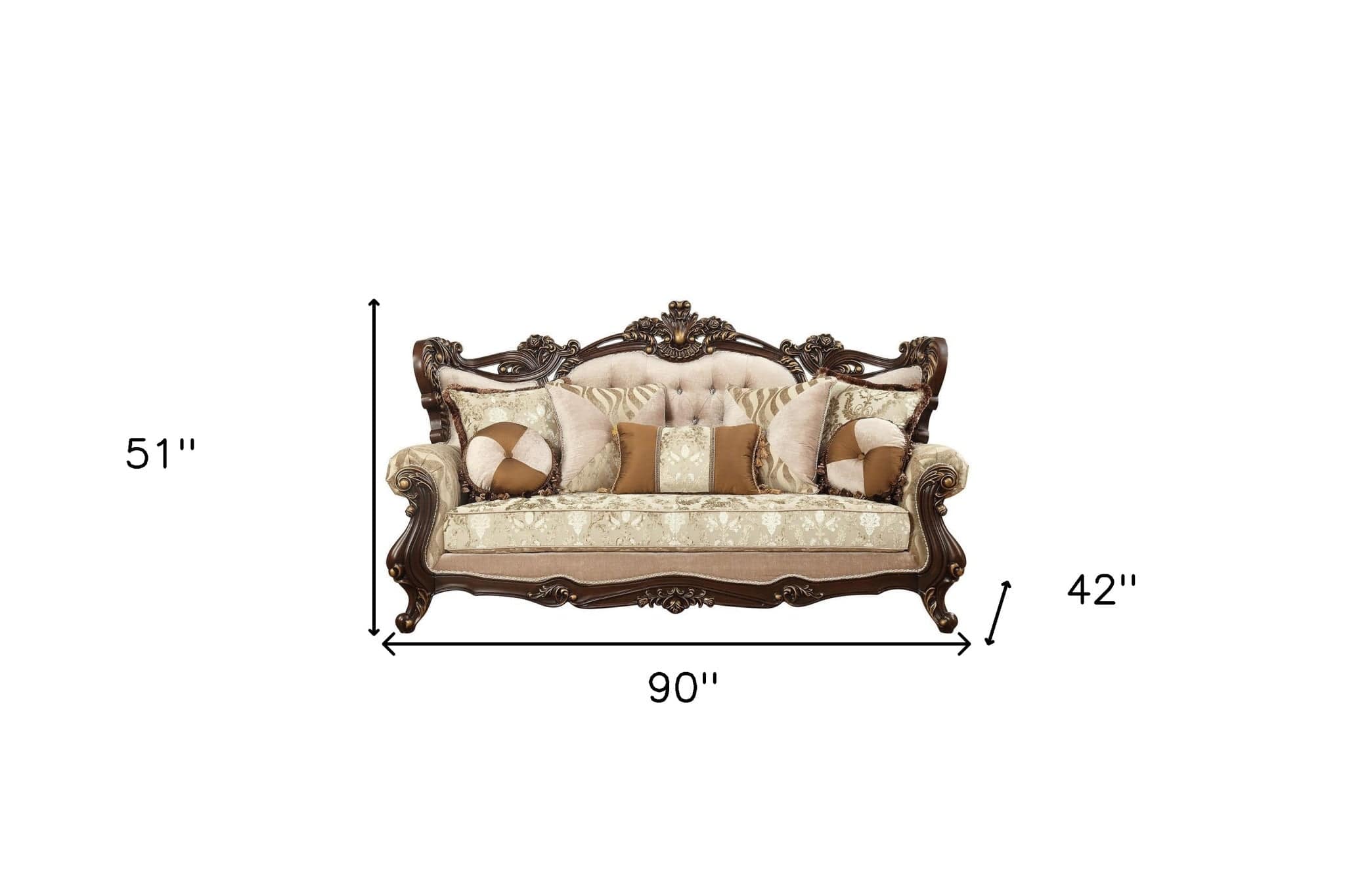 42" Beige Polyester Blend Curved Damask Sofa And Toss Pillows With Brown Legs - Homeroots