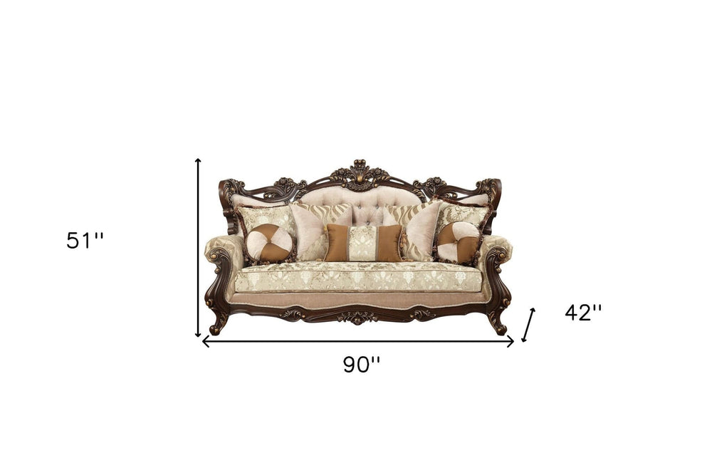 42" Beige Polyester Blend Curved Damask Sofa And Toss Pillows With Brown Legs - Homeroots - Flyclothing LLC