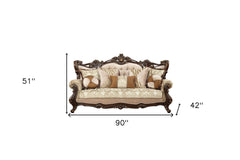 42" Beige Polyester Blend Curved Damask Sofa And Toss Pillows With Brown Legs - Homeroots