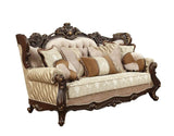 42" Beige Polyester Blend Curved Damask Sofa And Toss Pillows With Brown Legs - Homeroots