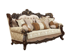 42" Beige Polyester Blend Curved Damask Sofa And Toss Pillows With Brown Legs - Homeroots