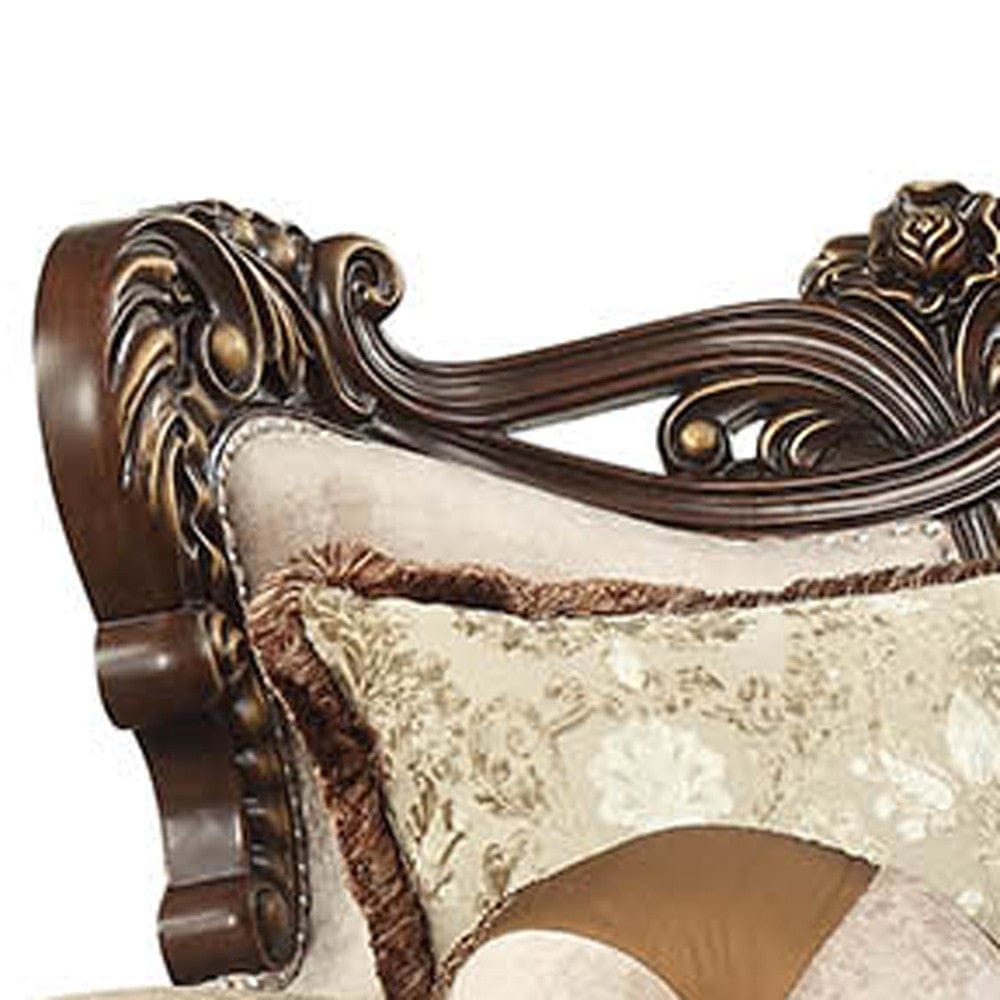 42" Beige Polyester Blend Curved Damask Sofa And Toss Pillows With Brown Legs - Homeroots
