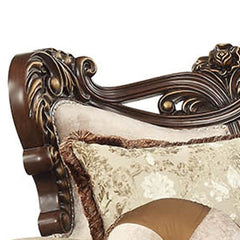 42" Beige Polyester Blend Curved Damask Sofa And Toss Pillows With Brown Legs - Homeroots