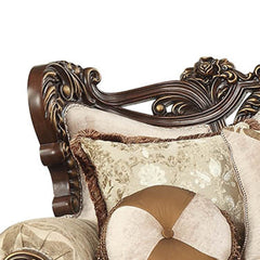 42" Beige Polyester Blend Curved Damask Sofa And Toss Pillows With Brown Legs - Homeroots