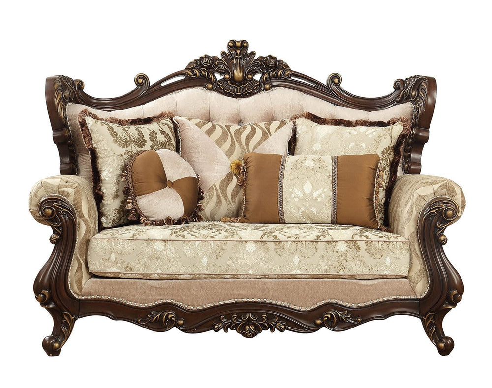70" Beige and Brown And Brown Damask Loveseat and Toss Pillows - Homeroots - Flyclothing LLC