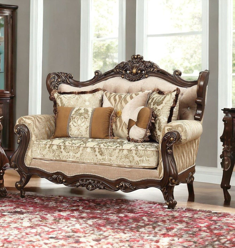 70" Beige and Brown And Brown Damask Loveseat and Toss Pillows - Homeroots - Flyclothing LLC