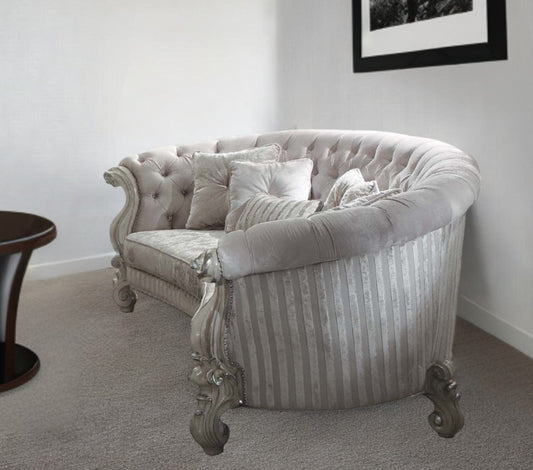 55" Ivory Velvet Curved Floral Sofa And Toss Pillows With Gray Legs - Homeroots