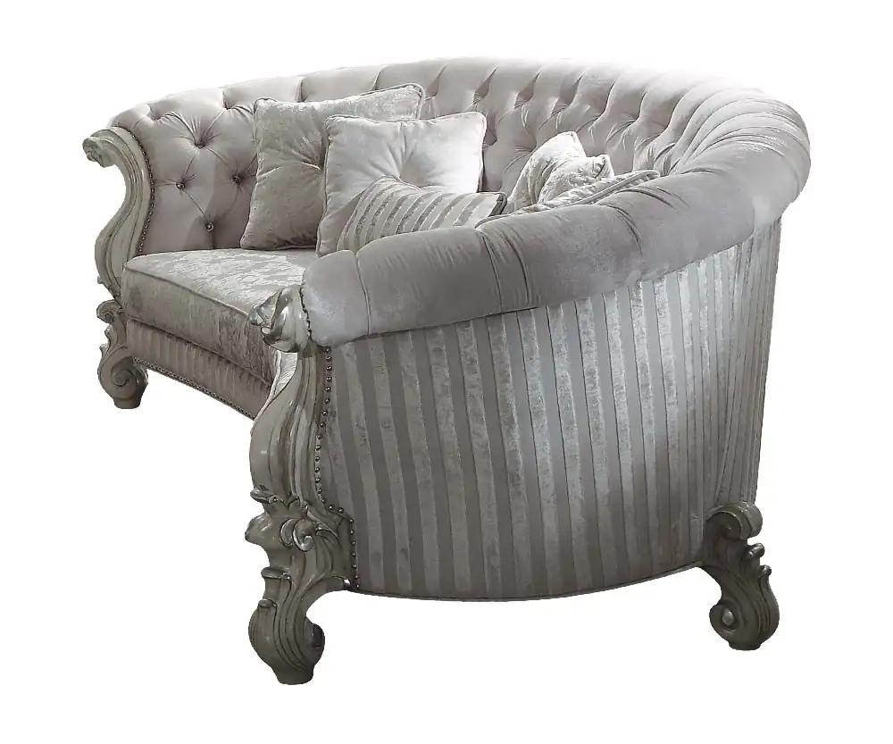 55" Ivory Velvet Curved Floral Sofa And Toss Pillows With Gray Legs - Homeroots