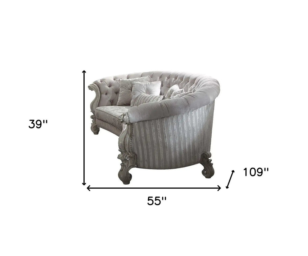 55" Ivory Velvet Curved Floral Sofa And Toss Pillows With Gray Legs - Homeroots - Flyclothing LLC
