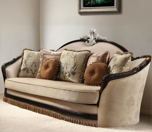 41" Tan Velvet Curved Sofa And Toss Pillows - Homeroots