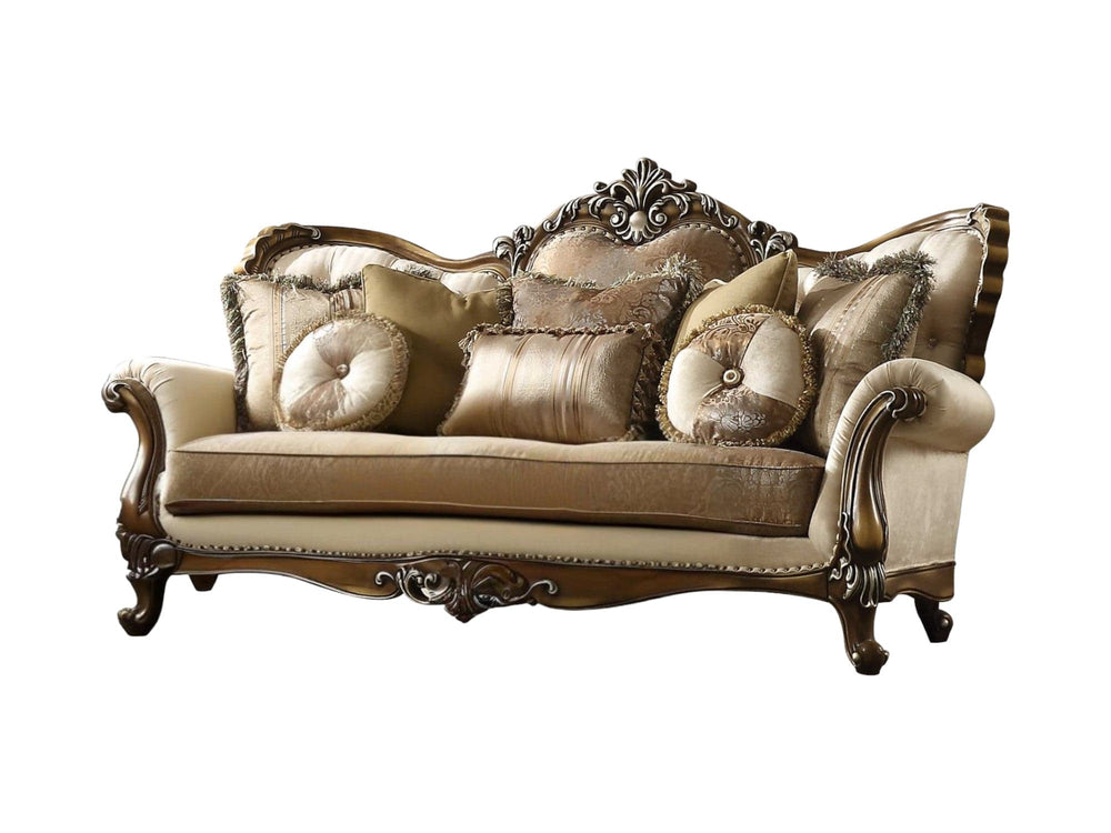 89" Tan Polyester Blend Curved Floral Sofa And Toss Pillows With Brown Legs - Homeroots