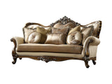 89" Tan Polyester Blend Curved Floral Sofa And Toss Pillows With Brown Legs - Homeroots