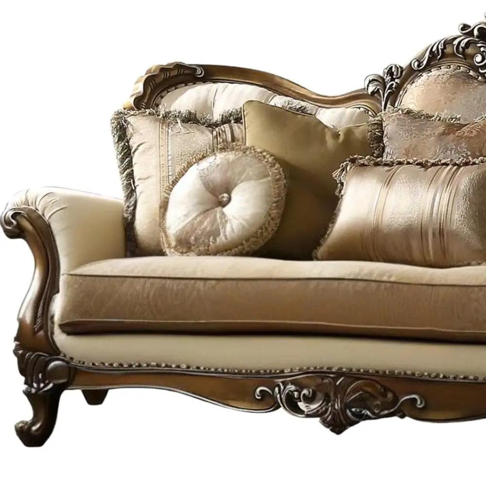 89" Tan Polyester Blend Curved Floral Sofa And Toss Pillows With Brown Legs - Homeroots - Flyclothing LLC