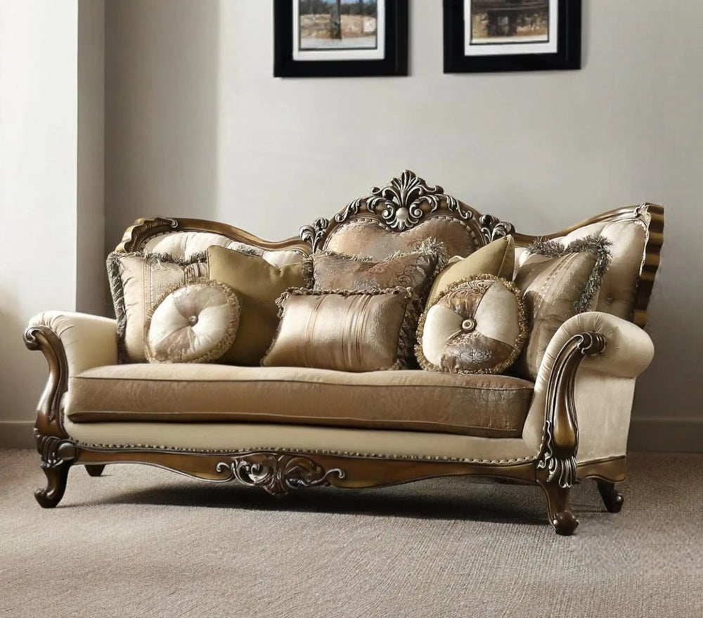 89" Tan Polyester Blend Curved Floral Sofa And Toss Pillows With Brown Legs - Homeroots - Flyclothing LLC