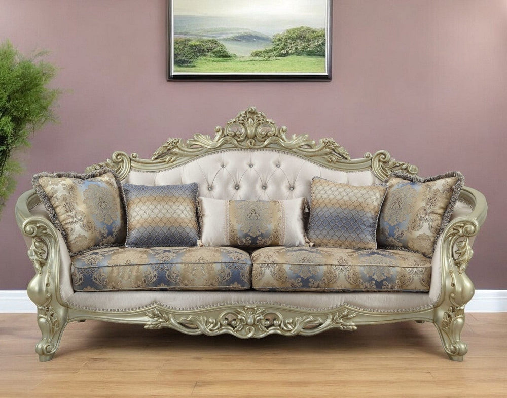 40" Antiqued White Velvet Curved Floral Sofa And Toss Pillows With Champagne Legs - Homeroots