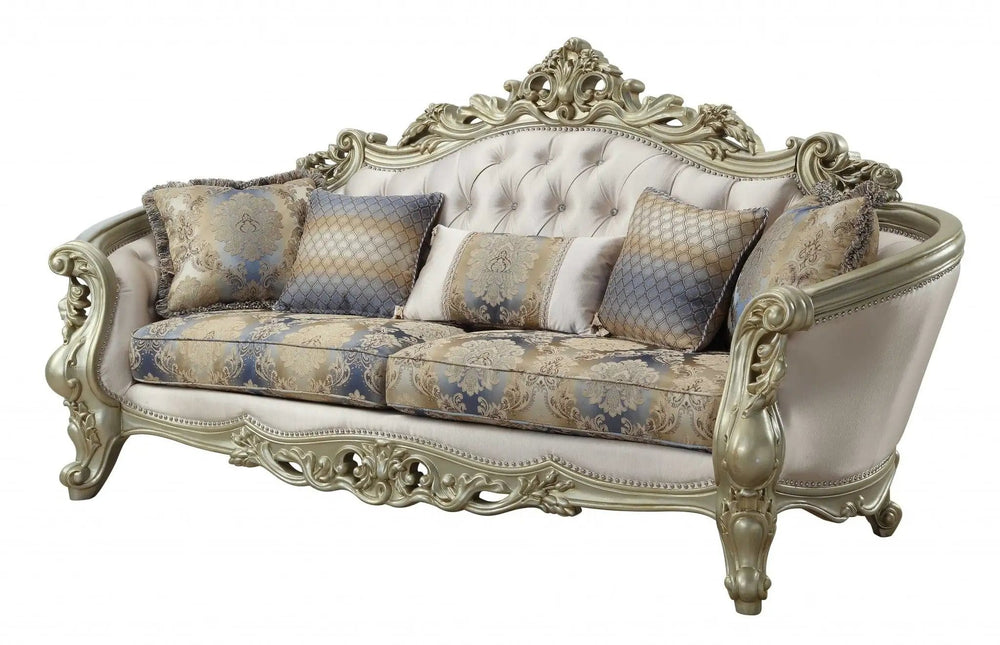 40" Antiqued White Velvet Curved Floral Sofa And Toss Pillows With Champagne Legs - Homeroots - Flyclothing LLC
