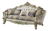 40" Antiqued White Velvet Curved Floral Sofa And Toss Pillows With Champagne Legs - Homeroots