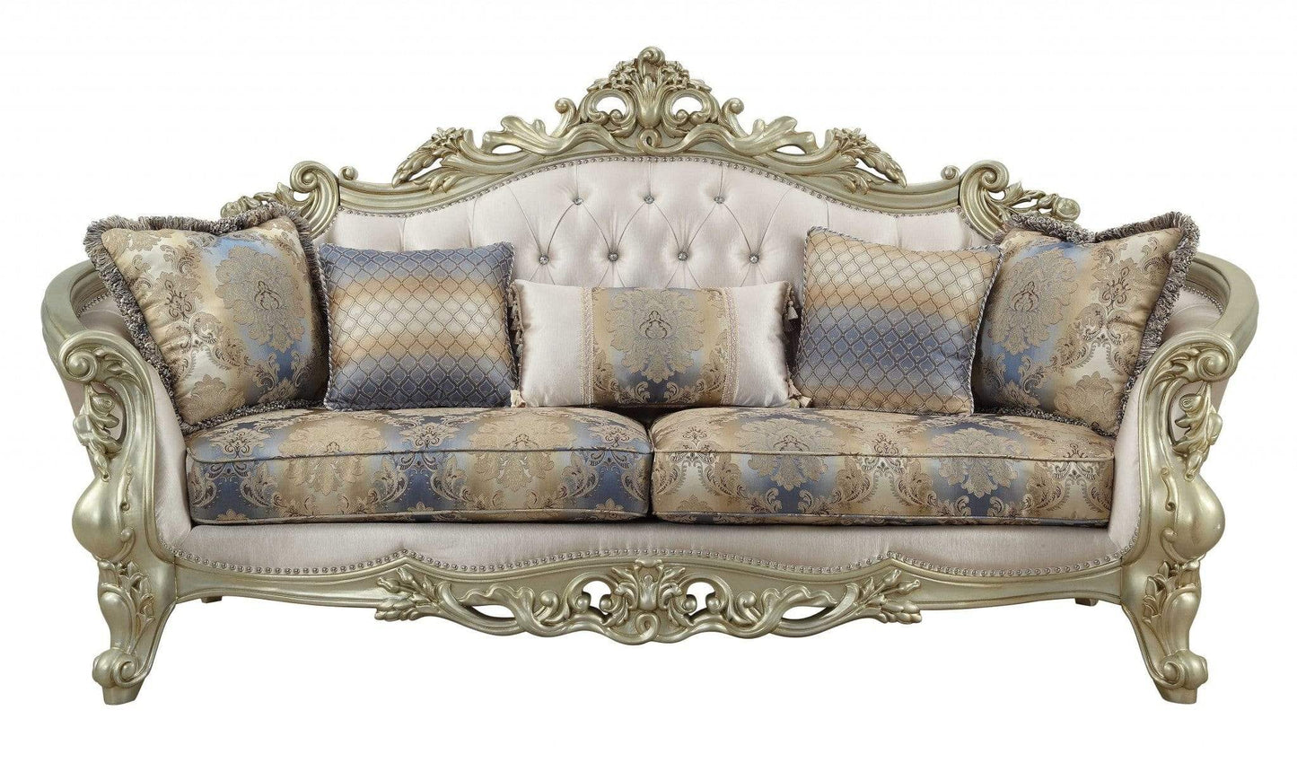 40" Antiqued White Velvet Curved Floral Sofa And Toss Pillows With Champagne Legs - Homeroots - Flyclothing LLC