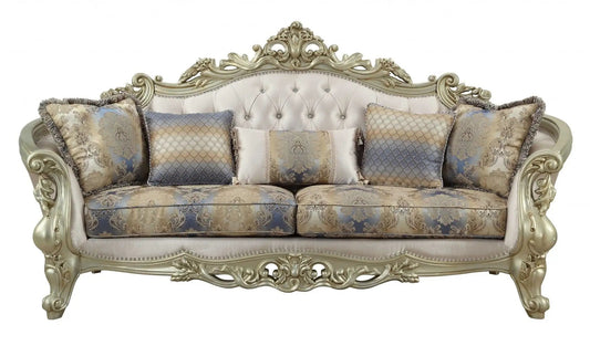 40" Antiqued White Velvet Curved Floral Sofa And Toss Pillows With Champagne Legs - Homeroots
