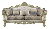 40" Antiqued White Velvet Curved Floral Sofa And Toss Pillows With Champagne Legs - Homeroots