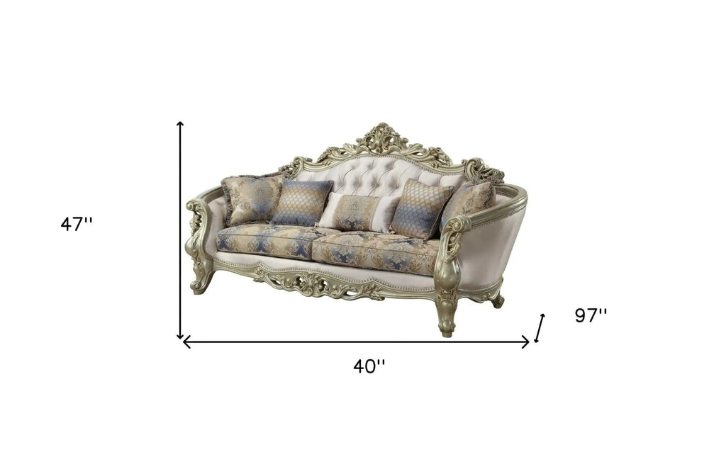 40" Antiqued White Velvet Curved Floral Sofa And Toss Pillows With Champagne Legs - Homeroots - Flyclothing LLC