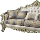40" Antiqued White Velvet Curved Floral Sofa And Toss Pillows With Champagne Legs - Homeroots