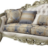 40" Antiqued White Velvet Curved Floral Sofa And Toss Pillows With Champagne Legs - Homeroots - Flyclothing LLC