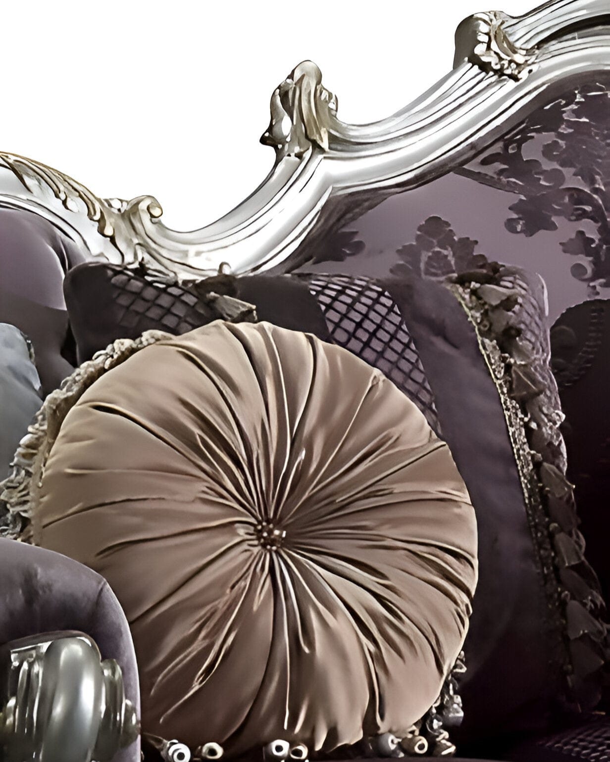 52" Dark Purple Velvet Curved Striped Sofa And Toss Pillows With Platinum Legs - Homeroots