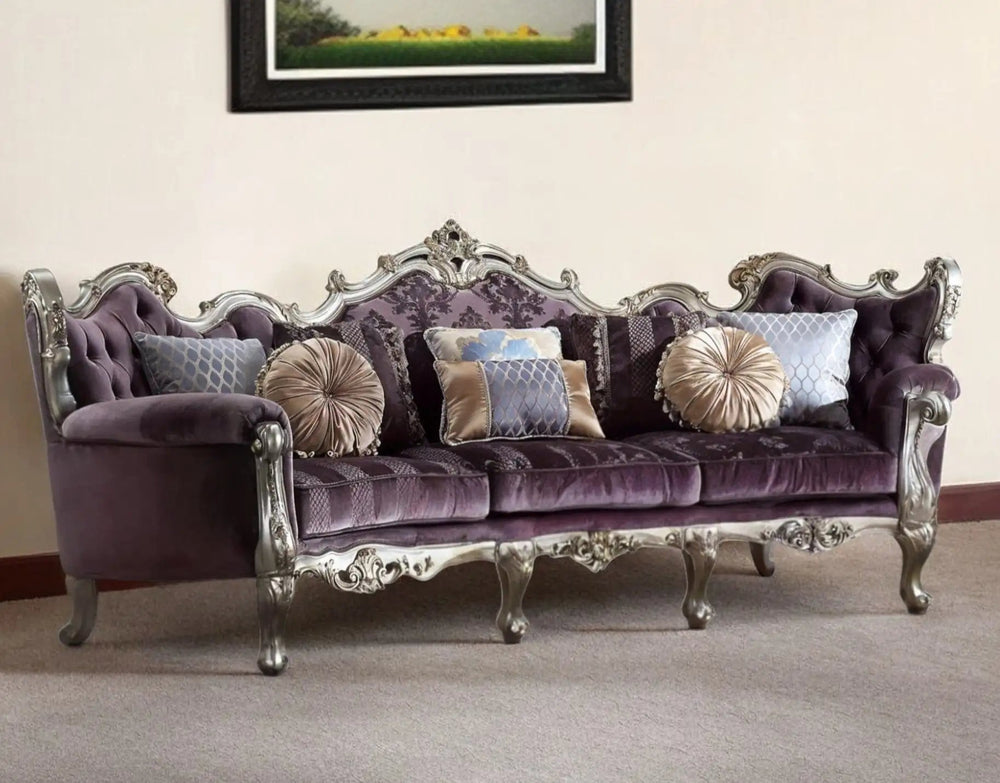 52" Dark Purple Velvet Curved Striped Sofa And Toss Pillows With Platinum Legs - Homeroots - Flyclothing LLC