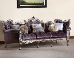 52" Dark Purple Velvet Curved Striped Sofa And Toss Pillows With Platinum Legs - Homeroots