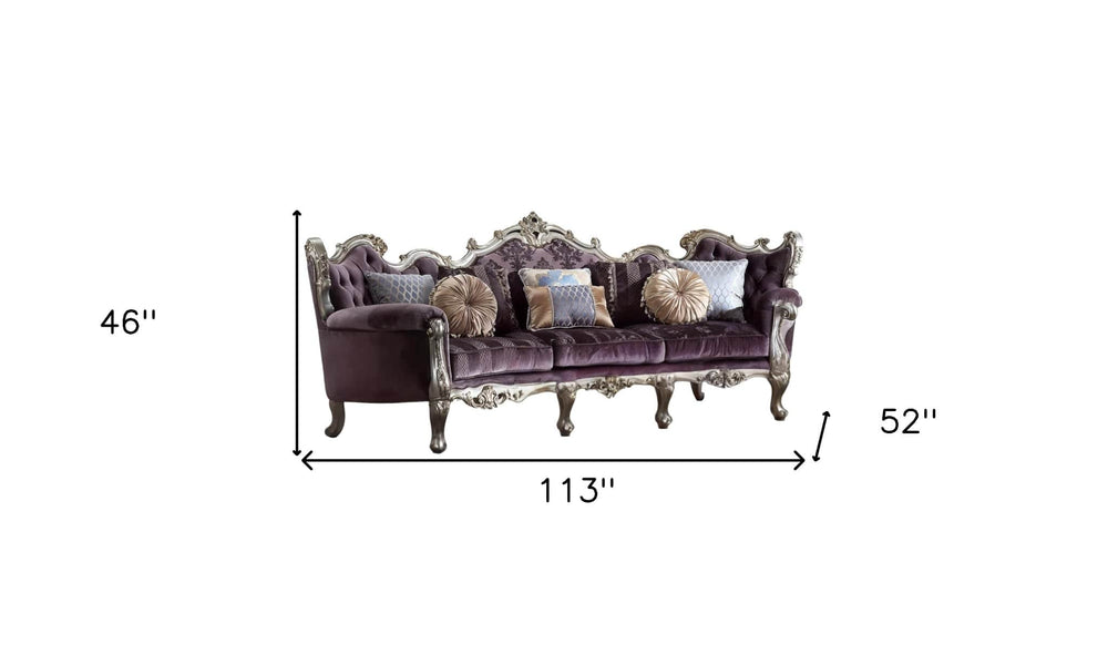 52" Dark Purple Velvet Curved Striped Sofa And Toss Pillows With Platinum Legs - Homeroots - Flyclothing LLC