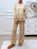 Devine Slit Striped Round Neck Top and Pants Sweater Set - Trendsi - Flyclothing LLC