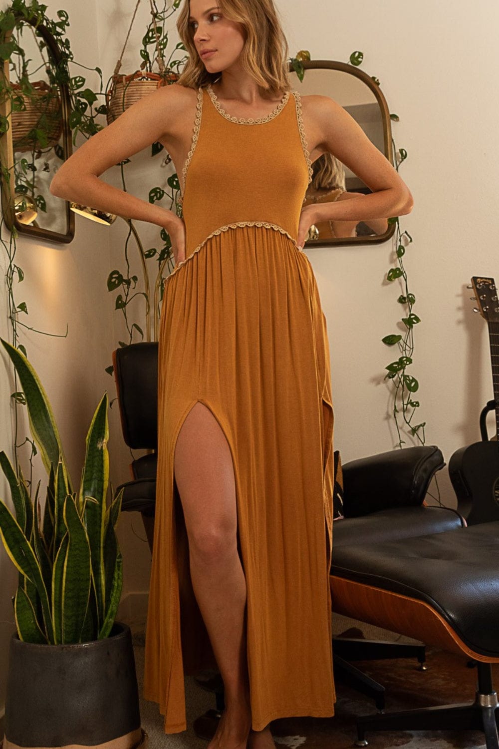 POL Sleeveless Back Zipper Front Slit Maxi Dress - Trendsi