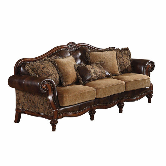 37" Brown Faux Leather and Chenille Sofa And Toss Pillows With Dark Brown Legs - Homeroots